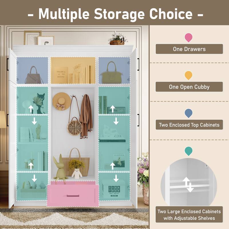 Modern Coat Rack with Bench, 4 Doors, 1 Drawer Adjustable Shelf and 3 Hooks, for Hallway Entryway Living Room