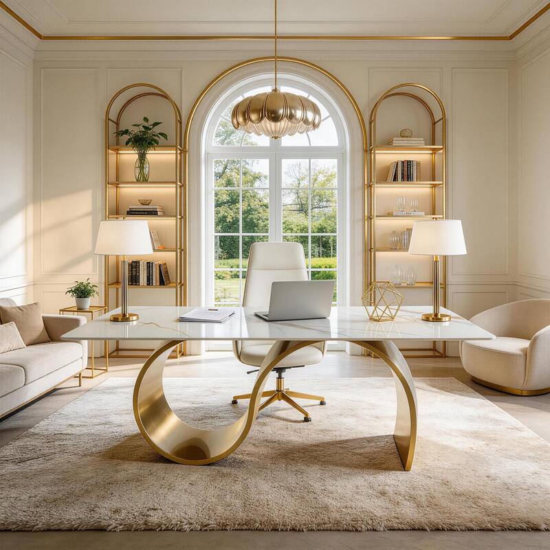 Luxury 78.7" Sintered Stone Office Executive Desk with Stainless Steel Base