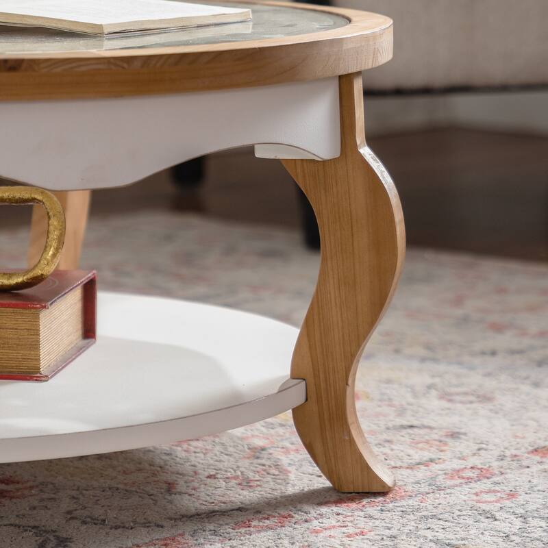 Round Wood Coffee Table with Glass Top, Solid Wooden Circle Center Table with Curved Legs & Removeable Tempered Glass top