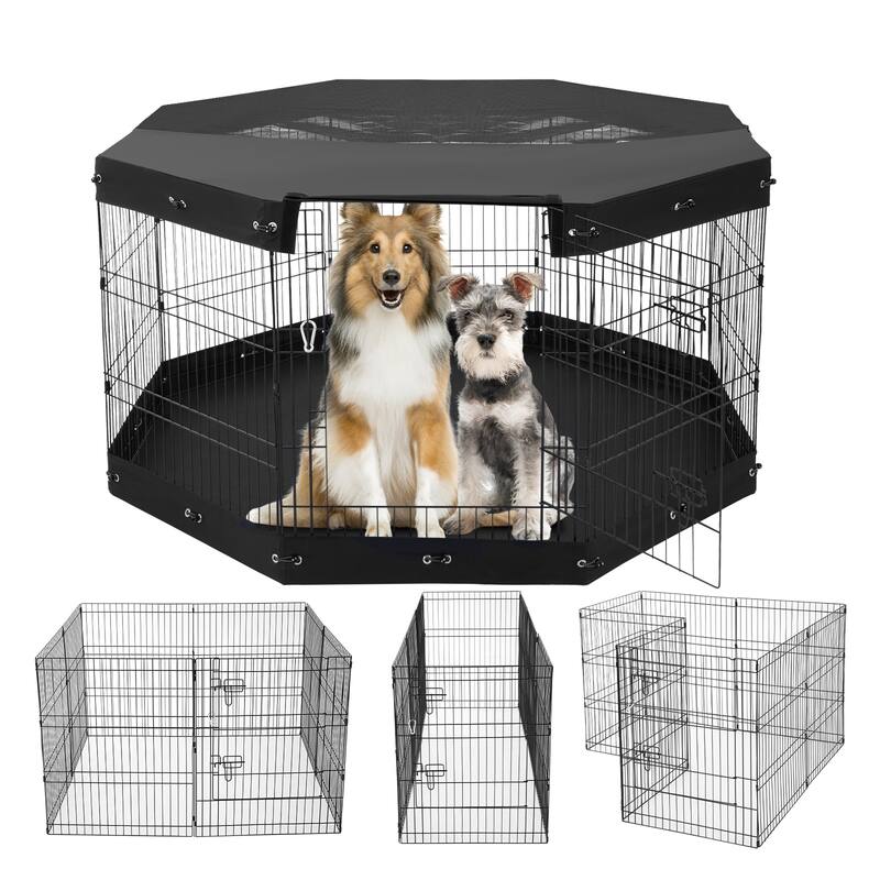 Dog Playpen, Panels Foldable Metal Pet Exercise Pen, Dog Fence Indoor and Outdoor Pen for Dogs, Cats and Other Small Animals - 8 Pcs 30"H x 24"W - with Ground Mat and Top Cover