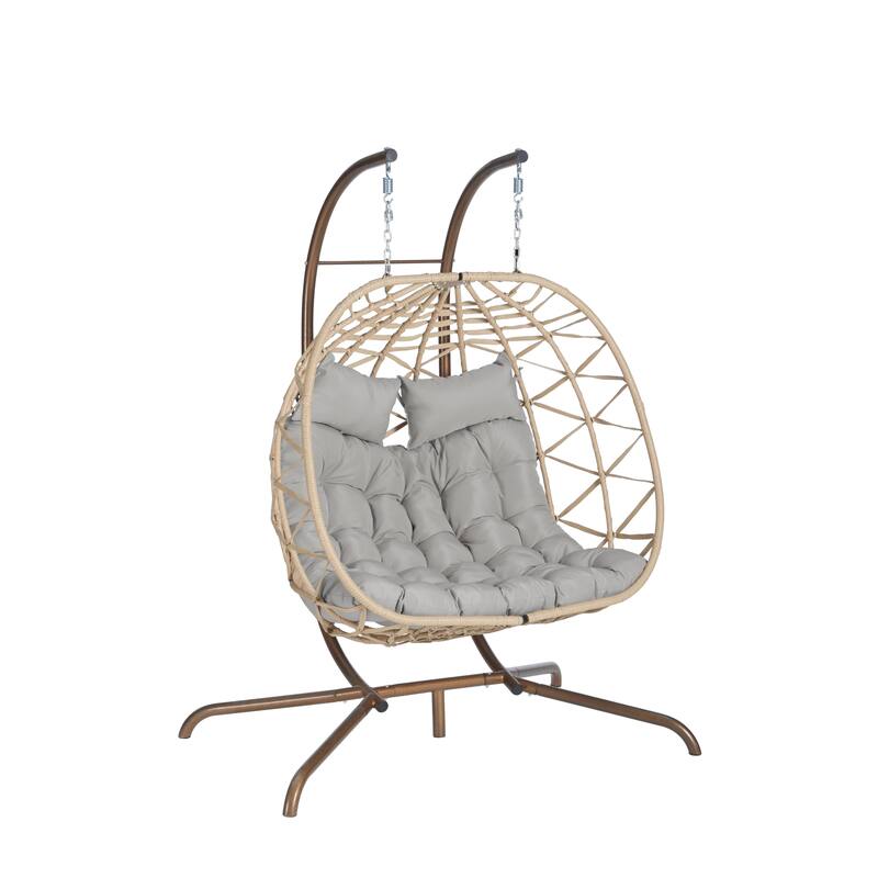Double Rattan Egg Chair with Stand and UV-Resistant Cushions and Iron Frame - Outdoor Hanging Swing (600lb Capacity)