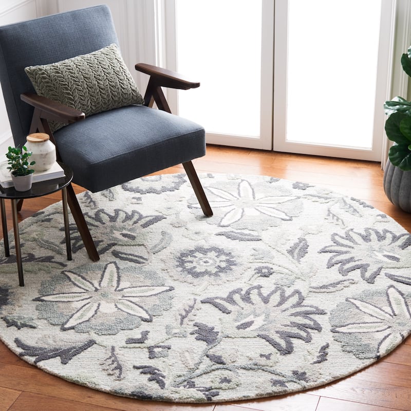 SAFAVIEH Handmade Blossom Agripina Floral Wool Rug - 6' Round - Ivory/Blue