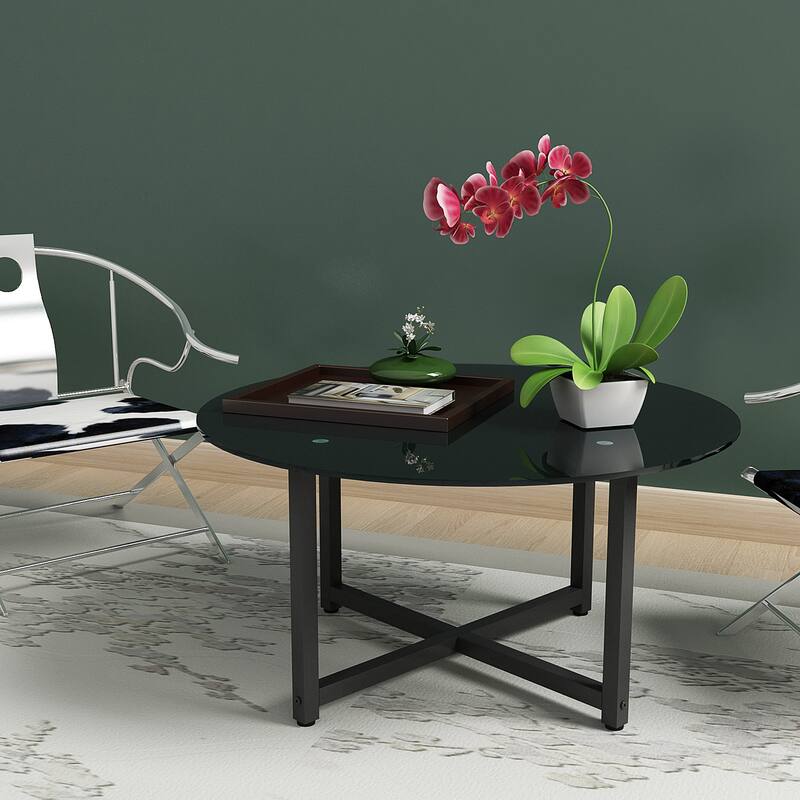 35.5'' Round End Table Modern Side Table with Metal Frame Sofa Center Tables with Tempered Glass Tabletop - Black