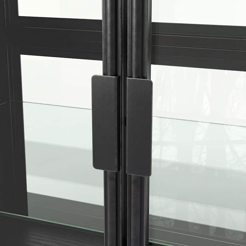 63" Industrial Glass Display Cabinet with LED Lights, 4-Door Metal & Wood Curio Sideboard for Living Room