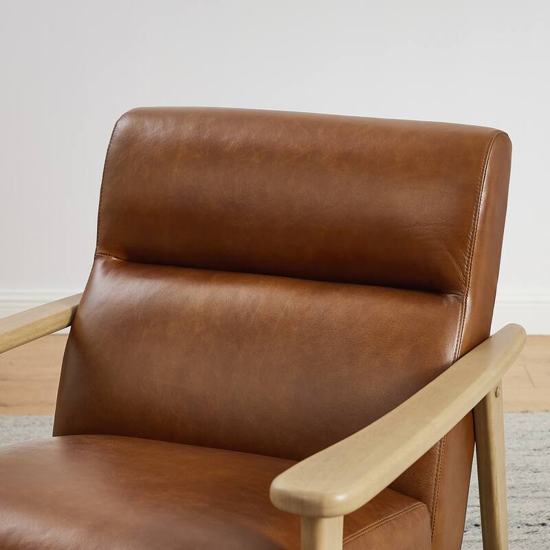 Modern Genuine Leather Accent Armchair with Natural Solid Wood Frame