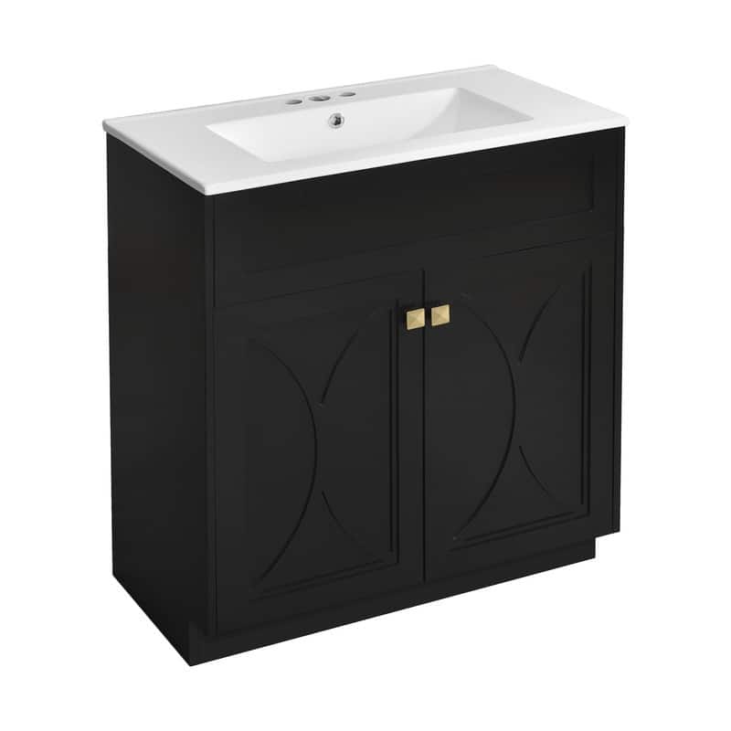 30'' Bathroom Vanity with Ceramic Sink Combo, Modern Freestanding Storage Cabinet with Gold Handles, Soft Closing Doors