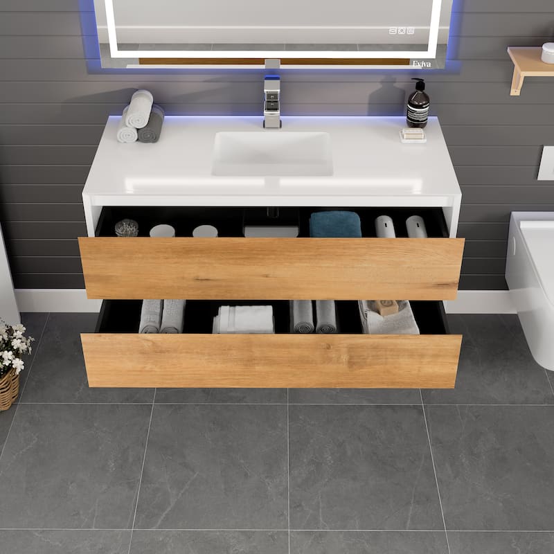 Eviva Vienna 48"W x 21"D Oak Wall Mount Bathroom Vanity with White Acrylic Countertop and Integrated Sink