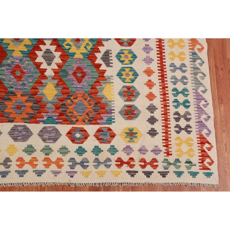Kilim Oriental Area Rug Hand-Woven Geometric Wool Carpet - 10'3"x 13'1"