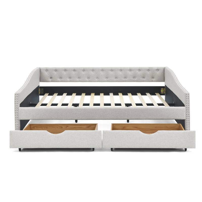 Queen Size Linen Upholstered Daybed Frame with 2 Drawers & Tufted Backrest