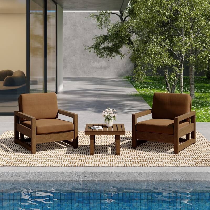 3-Piece Teak Wood Chair Outdoor Patio Conversation Set with Table - Natural Wood - Light Brown