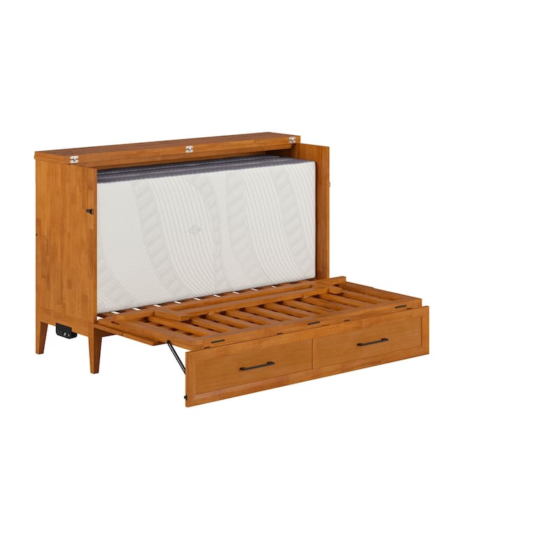 Solid Wood Murphy Bed Chest with Mattress & Charger - Space Saving Bed for Guest Room, Studio Apartment