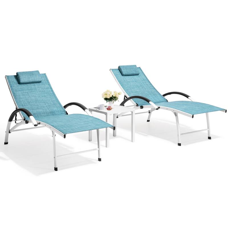 3-piece Outdoor Adjustable Aluminum Reclining Chaise Lounge Chairs with Wheels and Side Table Set