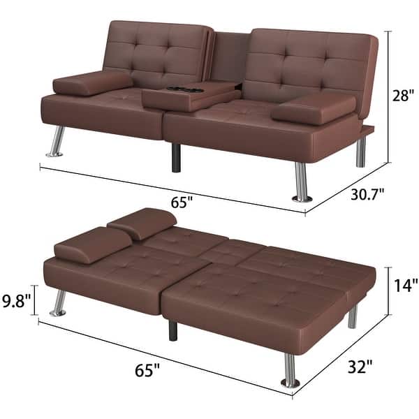 dimension image slide 2 of 4, Homall Futon Sofa Bed Convertible Lounge Couch Sofa with Cupholders & Pillows