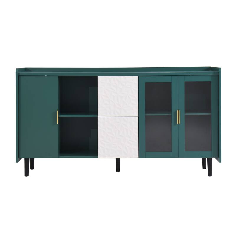 Kitchen Storage Cabinet Coffee Bar Cabinet Green Sideboard wGlass Doors, 2 Drawers Buffet Table TV Console Table Display Cabinet
