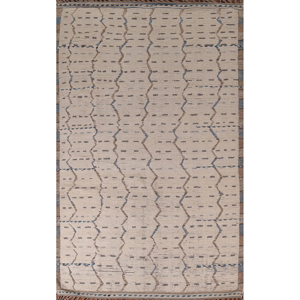 Ivory Striped Moroccan Oriental Area Rug Hand-Knotted Wool Carpet - 6'0"x 9'10"