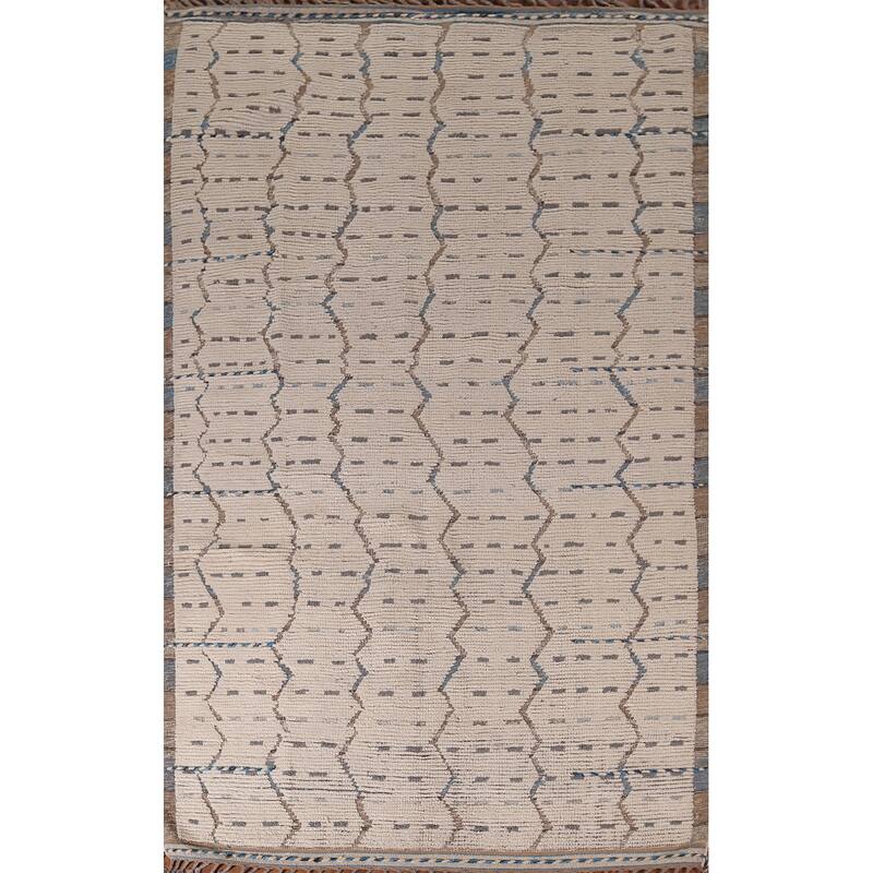 Ivory Striped Moroccan Oriental Area Rug Hand-Knotted Wool Carpet - 6'0"x 9'10"