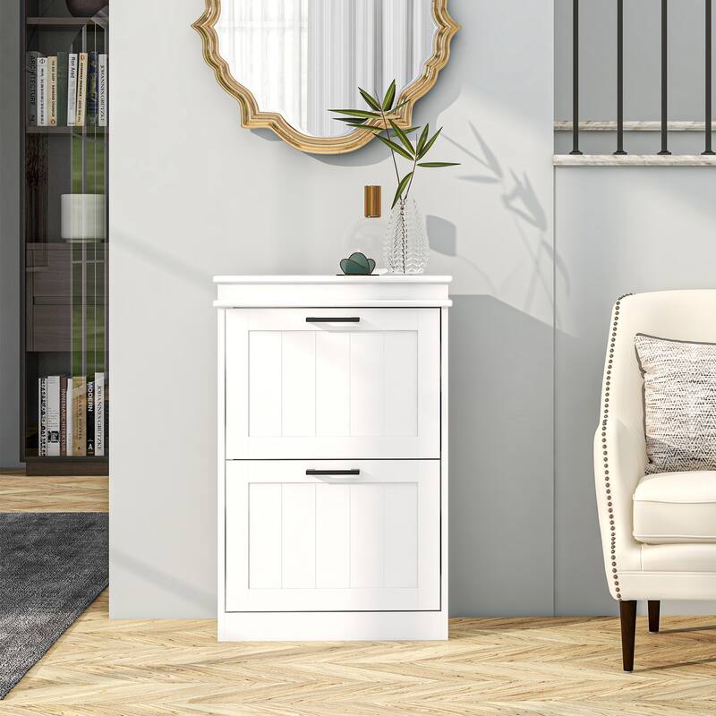 HOMCOM Shoe Cabinet for Entryway, Narrow Shoe Rack Storage Organizer with 2 Flip Drawers and Adjustable Shelves