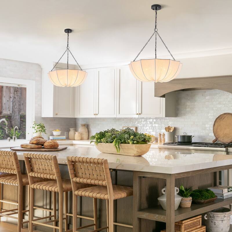 5-Light White Fabric Shade Pendant Light for Living Room - Black White