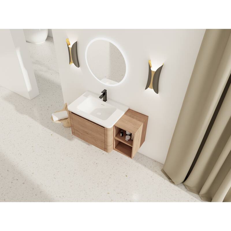 40'' Wall-Mounted Bathroom Vanity with White Ceramic Sink and Storage Shelves & 1-Soft-Close Door, KD-Packing, Plywood
