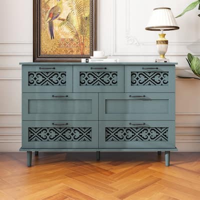 7 Drawer Storage Cabinet with Carved Pattern and Black Metal Handles
