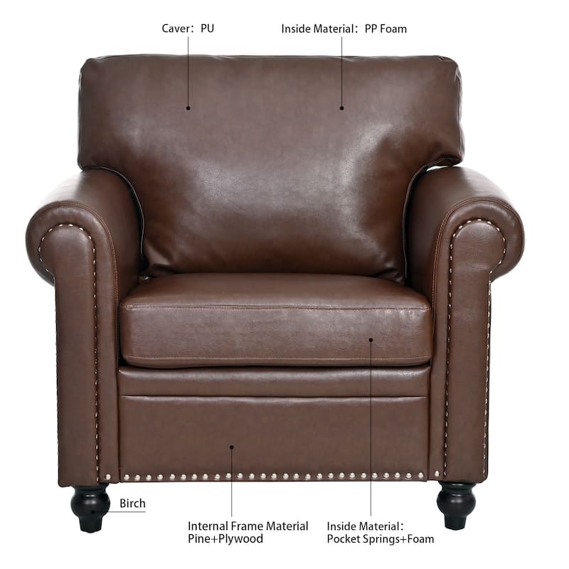 Brown PU 37.4" Accent Chair with Nailheads