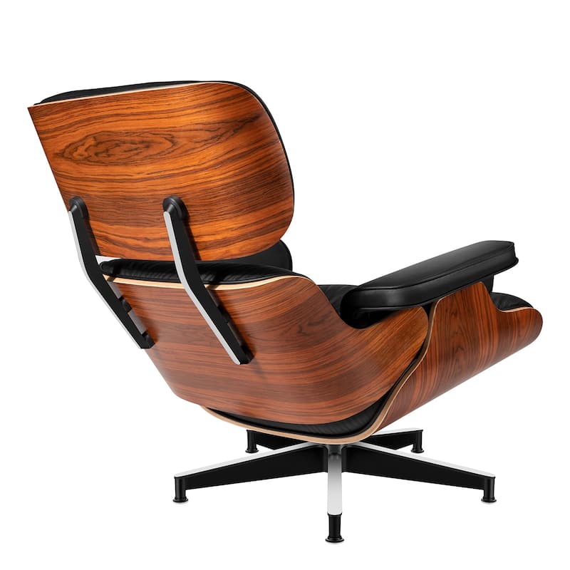 Genuine Leather Accent Lounge Chair and Ottoman Walnut Wood