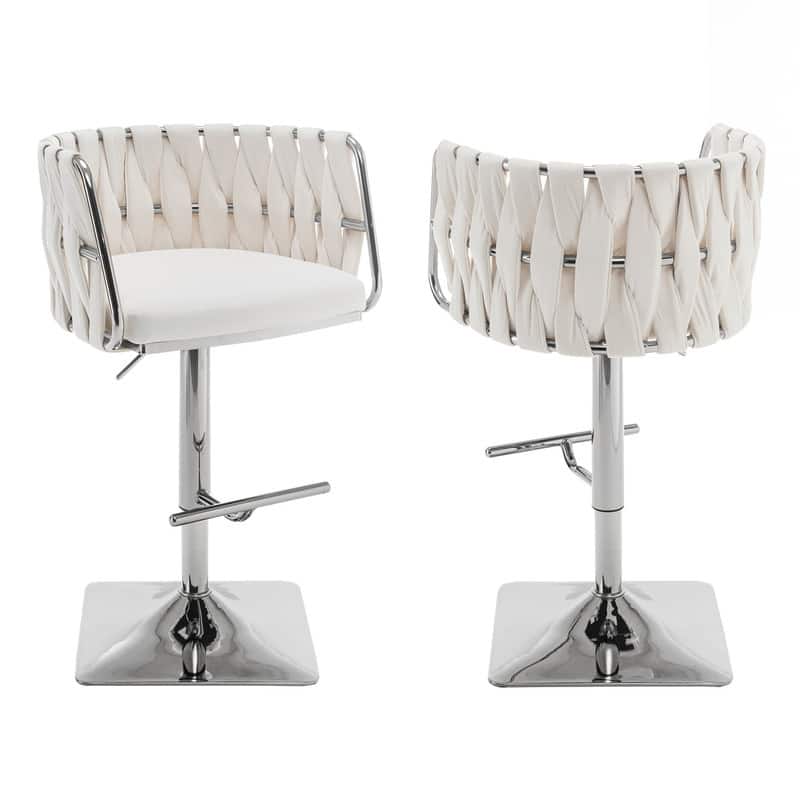 Best Quality Furniture Adjustable Upholstered Barstools with Square Chrome Finish Base (Set of 2) - Cream Velvet / Silver