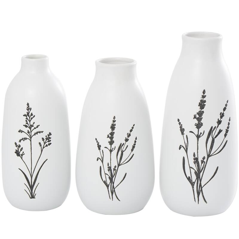 Ceramic Decorative Vase with Black Lavender Prints - Set of 3 White - Roche River Decor - White