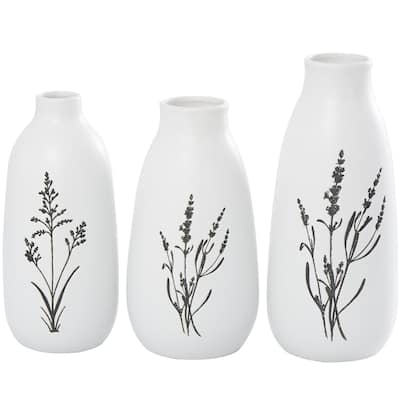 Ceramic Decorative Vase with Black Lavender Prints - Set of 3 White - Roche River Decor