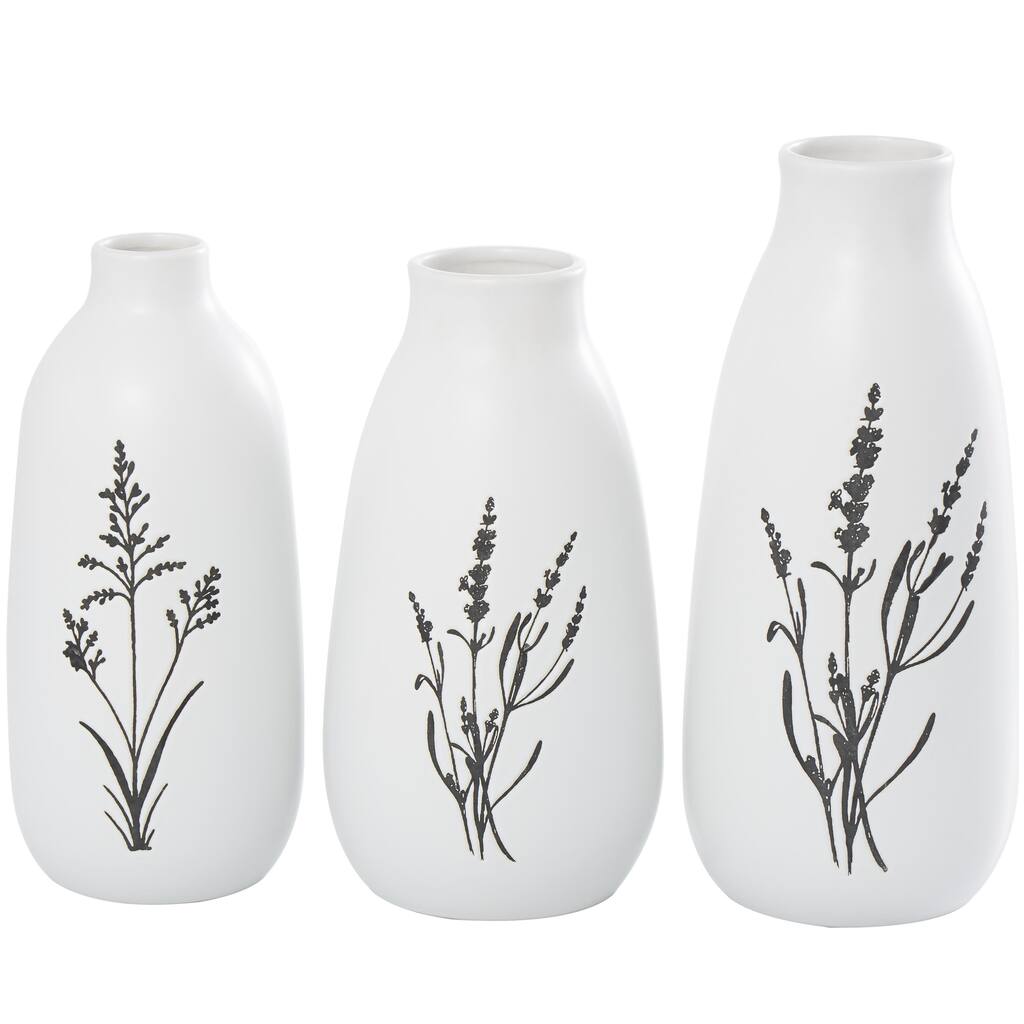 Ceramic Decorative Vase with Black Lavender Prints - Set of 3 White - Roche River Decor