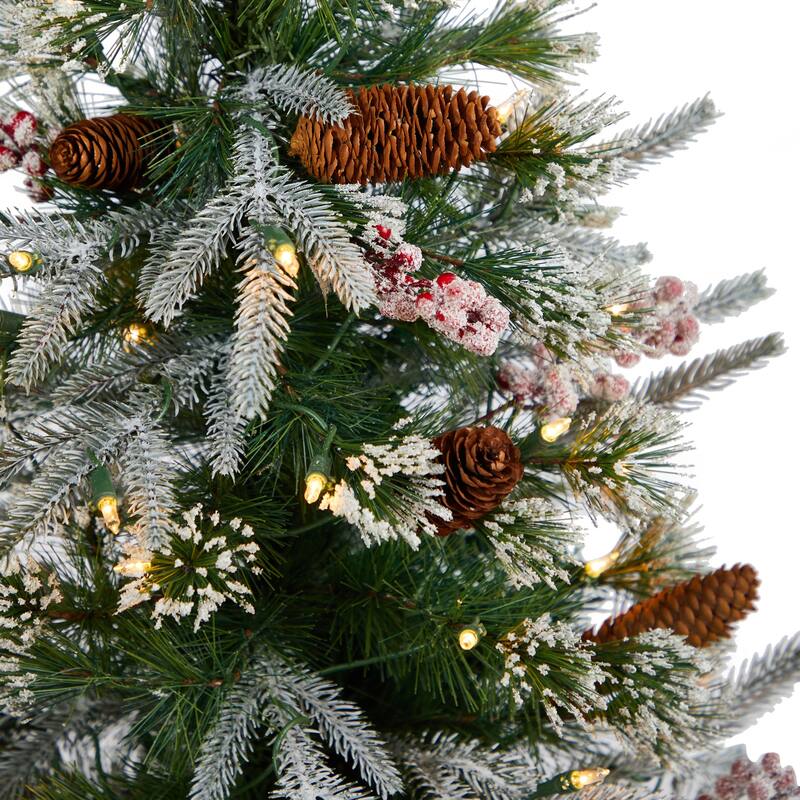 4Ft Frosted Christmas Tree with Lights & Berries - Holiday Decor Indoor Tree in Planter - Green - 48