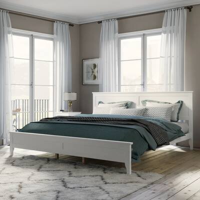 Modern White Solid Wood King Platform Bed for Bedroom