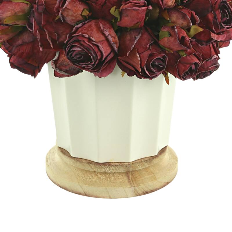 Dried Rose Bundle in a Ceramic Pot with Wooden Base - Burgundy, Red, White
