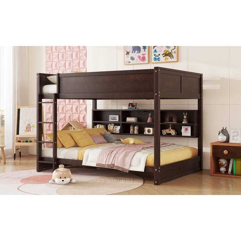 Queen Over Queen Bunk Bed with Storage, Charging Station, Ladder, Safety Rails, Solid Pine Wood, Brown
