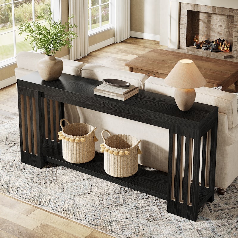 Farmhouse Wood Extra Long Sofa Console Table for Entryway - Black