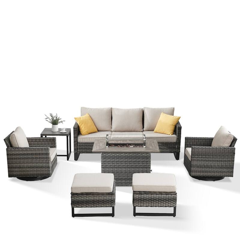 Outdoor Sofa Chairs Ottomans and Fire Table Grey-Beige - Grey