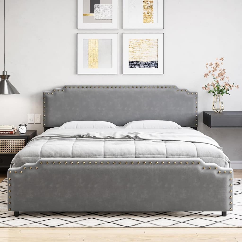 Velvet Upholstered Platform Bed Frame with Rivet Headboard, Noise-Free, No Box Spring Needed, Sturdy & Easy Assembly