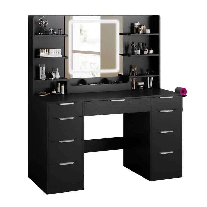 Moasis 9 Drawers Bedroom Vanity Desk,Makeup Vanity with Lighted Mirror and 9 Open Shelves