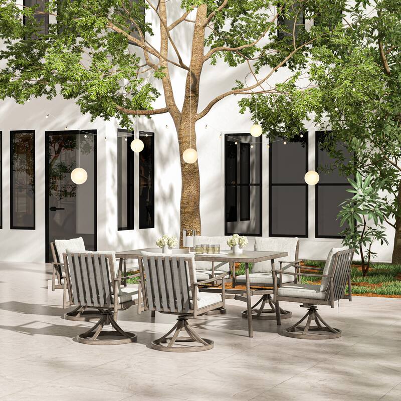 SleekLine 7-Piece Aluminum Patio Dining Set with Webbing Chair Back and Removable Cushions - Grey