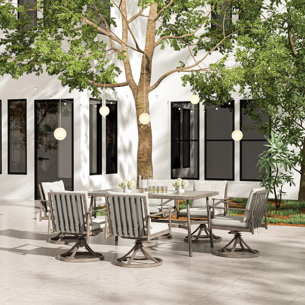 SleekLine 7-Piece Aluminum Patio Dining Set with Webbing Chair Back and Removable Cushions