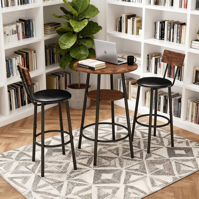 3 Pieces Round Bar Table and Chairs Set, Small Dining Table for 2 with 2-Tier Storage & 2 PU Upholstered Bar Stools