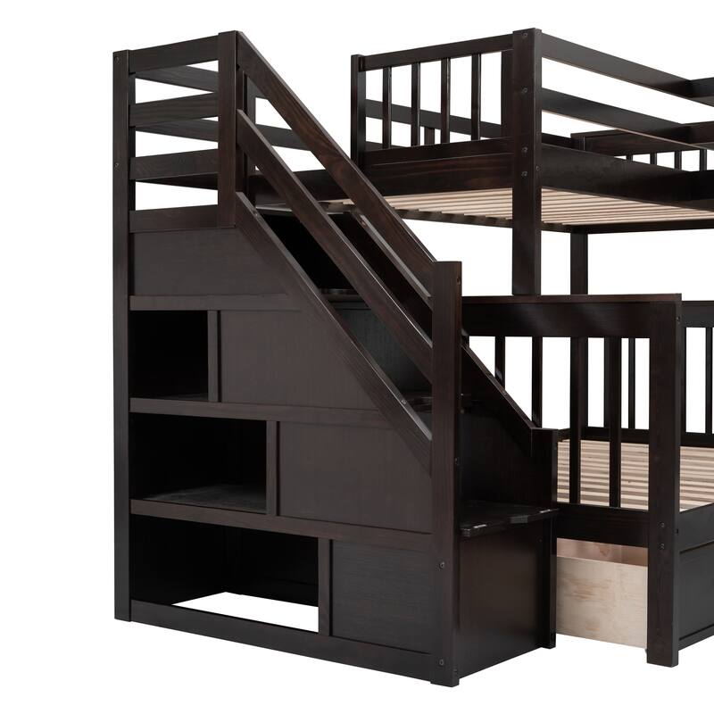 L-Shaped Bunk Bed with Storage Stairs, Fold Desk, Wardrobe, Twin - Twin Over Full Bed with Pull-out Underneath Storage Drawers