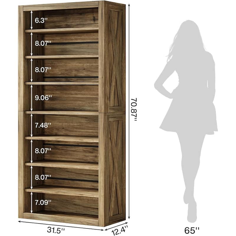 71 Inches Brown Wood Shoe Cabinet with Adjustable Shelves, 8-Tier Tall Shoe Storage Organizer for 32-36 Pairs of Shoes