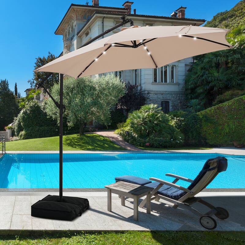 Ainfox 10 ft. Patio Offset Solar LED Umbrellas Cantilever Outside Umbrellas with Base