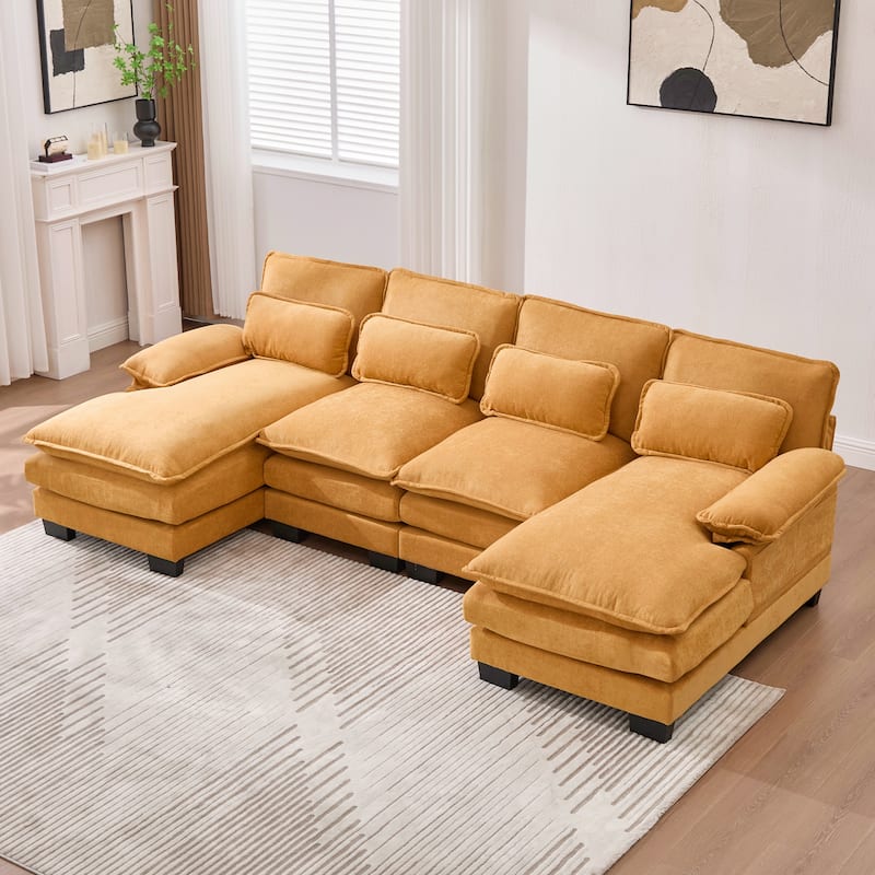 HOMEFUN Chenille Upholstered U-Shaped Modular Wood Frame Sleeper Sectional Sofa with Double Chaise - Yellow