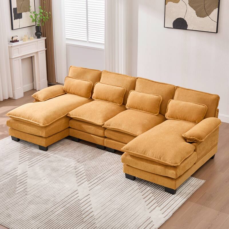 Symmetrical Chenille Upholstered Sectional Sofa U-shaped Cloud Couch with Double Chaise, Side Pockets and Double-layer Cushions - Mustard Yellow