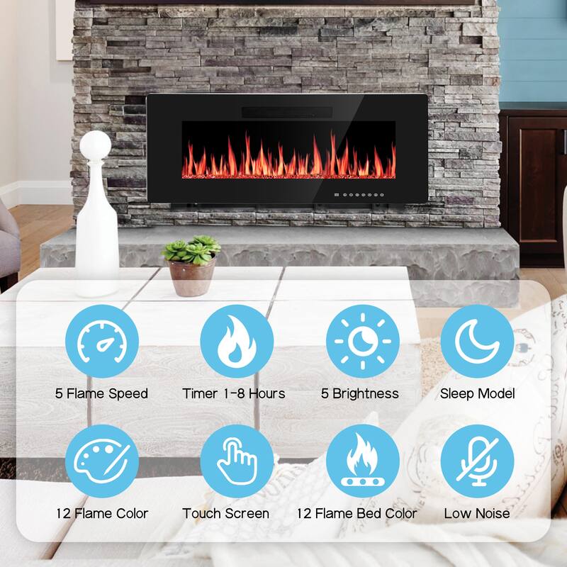 Electric Fireplace Insert, 750/1500W Electric Heater, Adjustable Flame Color, Remote Control, Timer