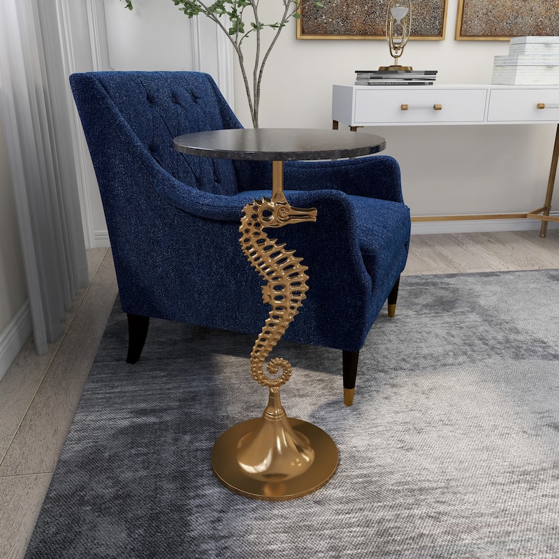 Aluminum Metal Sea Horse Pedestal Side End Accent Table with Tray Top - Silver or Gold - Roche River Decor