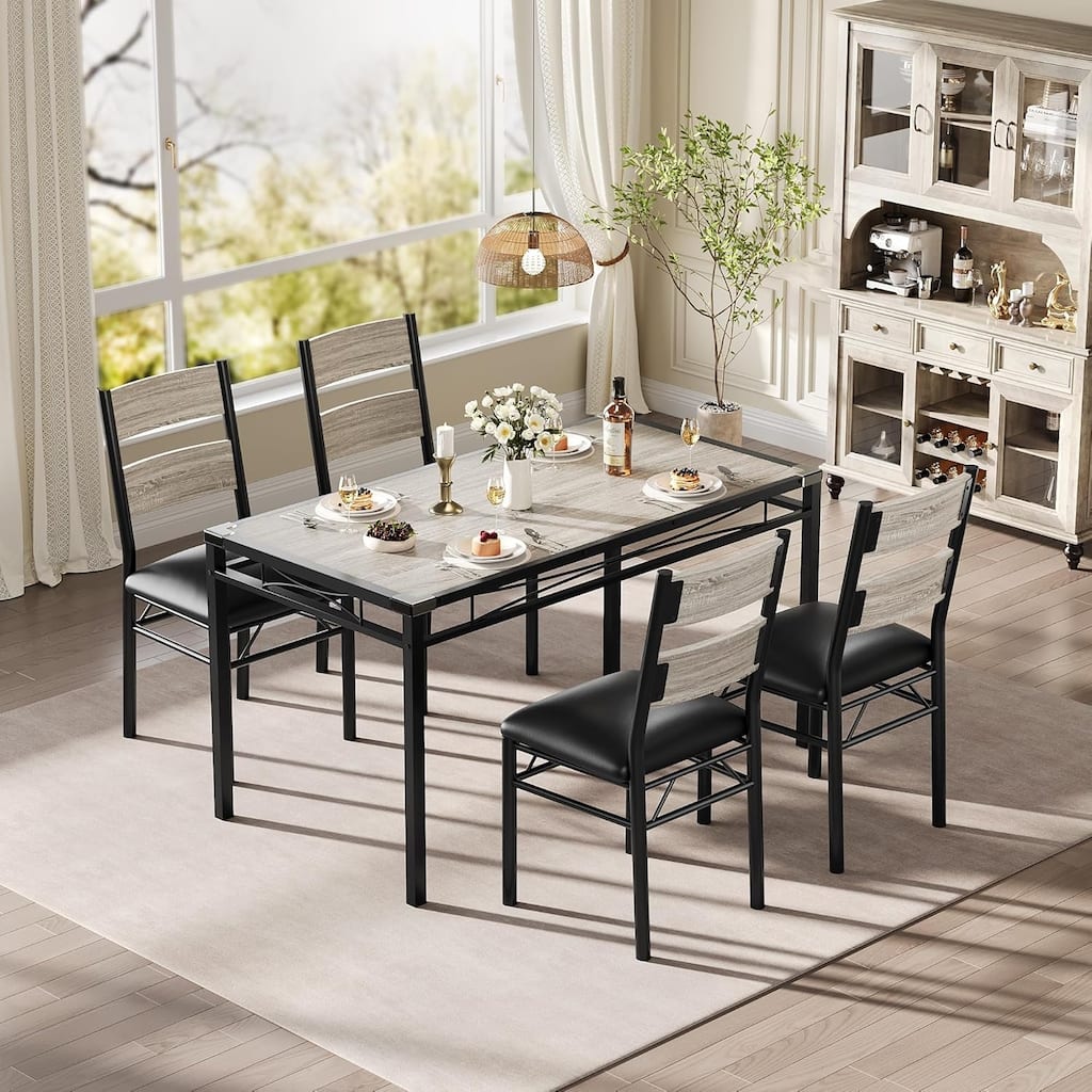 Dining Table Set for 4, Wood Kitchen Table with 4 Upholstered Chairs for Small Space