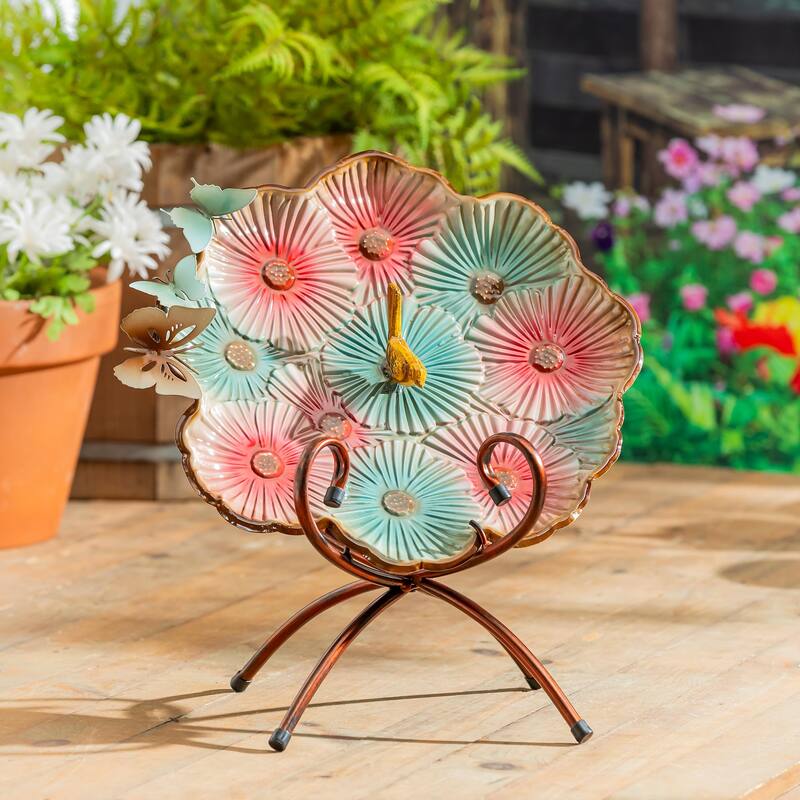 17" Metal Sculpted Edge Bird Bath, Butterfly & Flowers